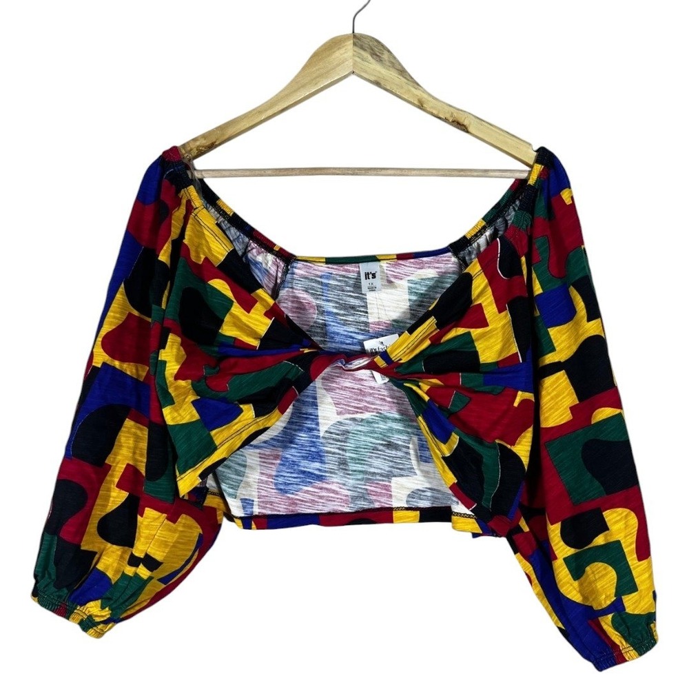 NWT It's Fashion Twist Front Geometric Crop Top Multicolor Retro Puff Size 1X